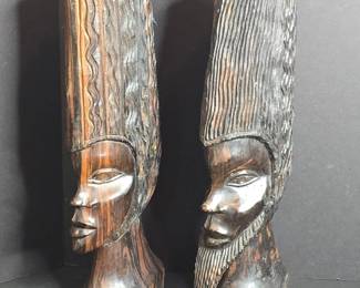 Pair of African Carved Wooden Busts  Couple
