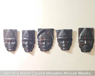 Set of 5 Hand Carved Wooden African Masks