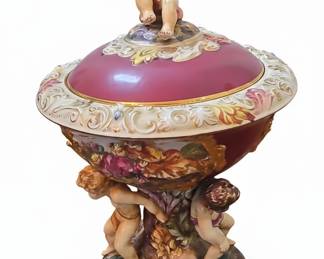 R. Capodimonte Porcelain Cherub and Floral Pedestal Urn with Lid