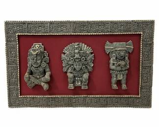 Mayan or Aztec Style Relief Wall Plaque with Three Figures