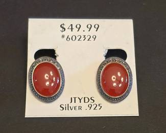 JTYDS Sterling Silver Oval Carnelian and Marcasite Earrings