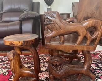 African Carved Wood Lion Table, Armchairs and Stools Set sixth image