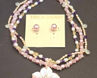 Erica Lyons MultiStrand Beaded Necklace and Earrings Set with Mother of Pearl Flower Pendant