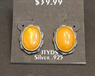 JTYDS Sterling Silver Orange Amber Cabochon Earrings