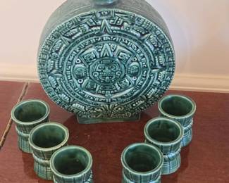 Aztec Calendar Ceramic Decanter and Shot Glasses Set  Teal Glaze