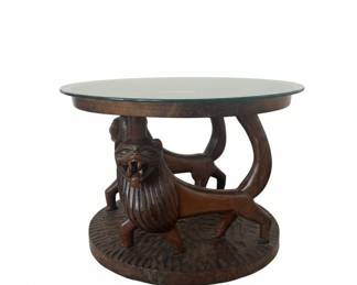 African Carved Wood Lion Table, Armchairs and Stools Set third image