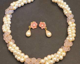 Napier Faux Pearl and Pink Glass Bead Necklace and Earring Set