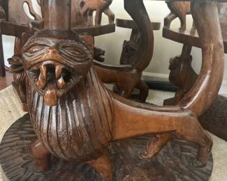 African Carved Wood Lion Table, Armchairs and Stools Set fifth image