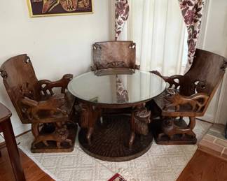 African Carved Wood Lion Table, Armchairs and Stools Set fourth image