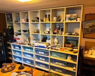 bottom of basement stairs. totes all have heat transfers for machine