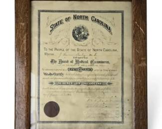 Early 20th Century Medical License issued by the State of North Carolina Board of Medical Examiners