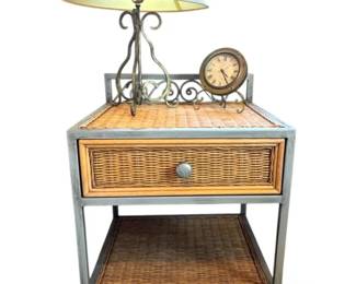 Pier 1 Queen Miranda Wicker Iron Nightstand w Brass Clock and Lamp