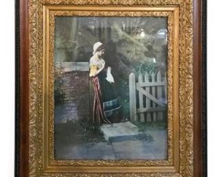 Antique Wood Gilt Framing Of A Girl In The Garden