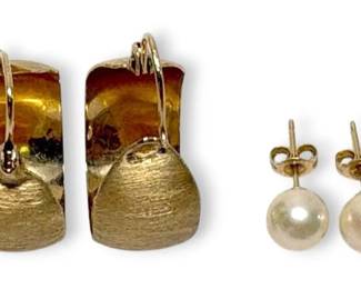 14k Gold Earrings With Spun Texture Pearls 4g Total