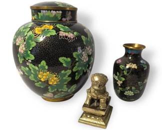 Cloisonne Ginger Jar, Vase, Brass Foo Dog