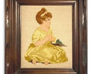 Needlepoint Of Girl In Vintage Carved Wooden Frame