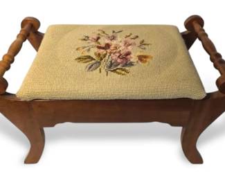 Vintage Floral Needlepoint Wood Footstool