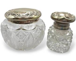 Pressed Glass Powder Jar Inkwell With Sterling Silver Lids