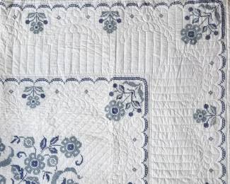 Handmade Blue Floral CrossStitch Quilt 80 X 96