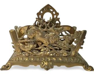 Antique Bradley Hubbard Brass Cast Iron Letter Holder with Deer Stag Hunting Scene