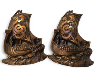 Pair of Metal Viking Drakkar Bookends with Copper Finish