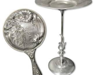 Silverplate Victorian Calling Card Stand Art Nouveau Hand Mirror