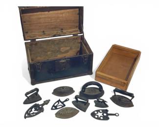 Primitive Diminutive Metal And Wood Chest Containing Miniature Cast Iron Collection