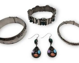 Etched Sterling Silver Bracelets Stoned Jewelry 84.26g