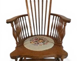 Vintage Spindleback Rocking Chair w Embroidered Floral Seat