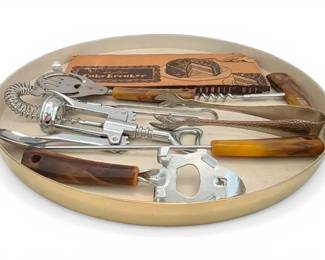 Vintage Bakelite Handle Barware Kitchen Utensils with 14 Tray