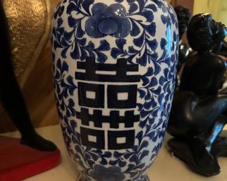 Vintage Blue and White Chinoiserie Ceramic Floral Base