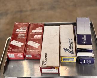 Lot of 6 Ballasts New Old Stock including Advance Ballast R-2S40-1-TP, (2) Power Lighting M28-120-SES, Philips R2E75STP, (2) Fulham 2-T10