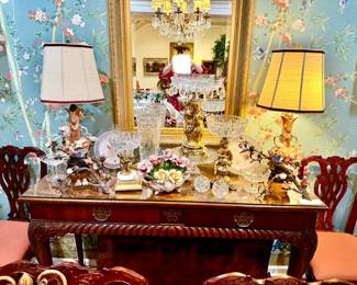 Buffet with so much Waterford, Tiffany & Co crystal, Japanese lamps.