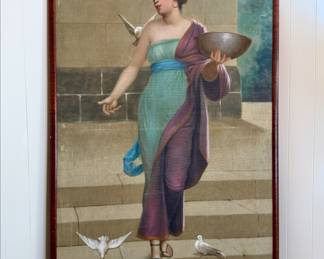 Grecian beauty descending stairs oil painting.