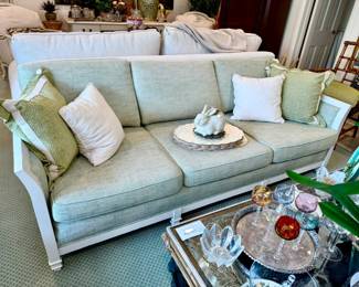 Pair of amazing green and white sofas, priced individually.