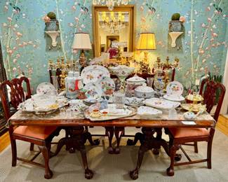 Chippendale dining table with ball & claw feet, 2 leaves, and 10 chairs in fabulous condition.