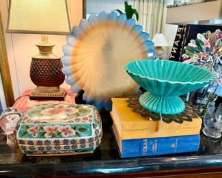 Vernon Kilns by Jane Bennison pedestal turquoise bowl. Blue Gold Zwiesel glass charger.