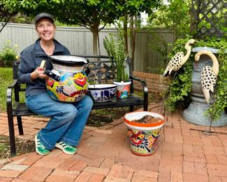 Rebecca on the patio with fun talavera perfect for Spring.