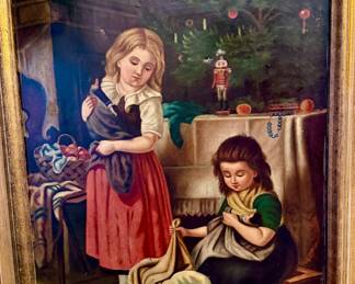The sweetest antique oil painting of 2 sisters at Christmas.