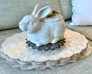 Scarce Fitz & Floyd rabbit on Capiz shell place mats.