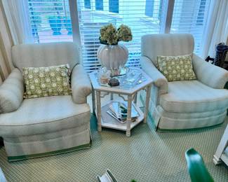 I love these green and white club chairs, custom upholstered. Relax into spring!