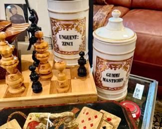 Antique French apothecary jars. Maitland Smith card box.