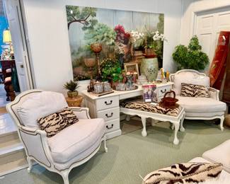 Bergere chairs, desk, custom art mural, garden stools!
