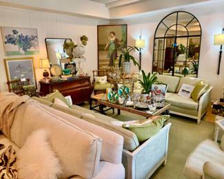 Fresh garden feel, Ballard's feel den stuffed with furniture, decor, and crystal!