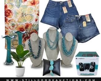 Jewelry, sterling silver, rugs, lighting, art glass turquoise, Levis, toys, tools & much more!
