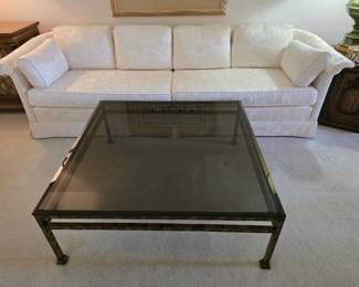 Large metal and smoke glass coffee table. 