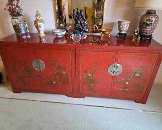 Vintage Asian Red Lacquered with Brass Hardware Sideboard Buffet Cabinet