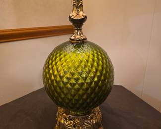 vintage green glass table lamp, likely designed in the Hollywood Regency style from the mid-20th century