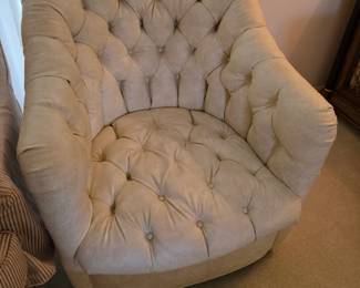 vintage tufted leather barrel chair, similar to designs by Ward Bennett from the 1970s. Reupholstered, missing one button. 