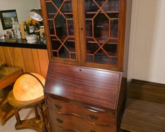 Colonial Revival mahogany secretary desk with a glass-front bookcase,